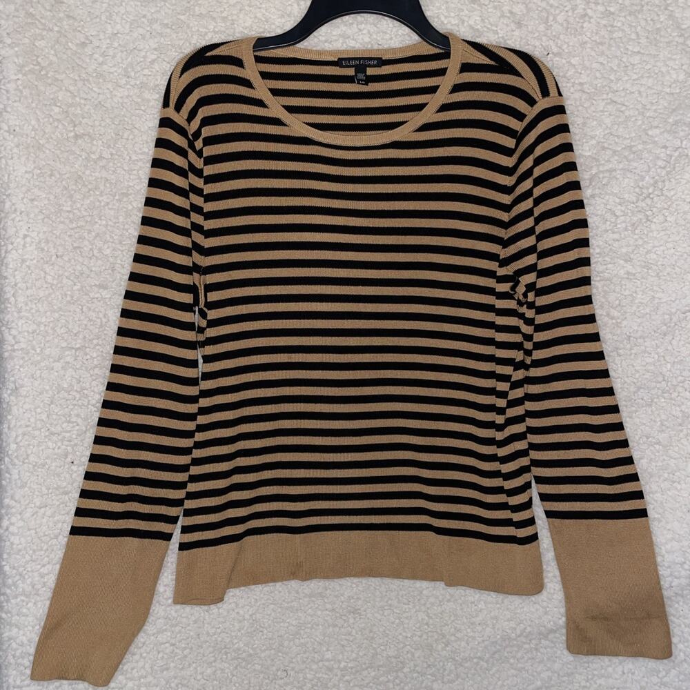 EILEEN FISHER ROUND NECK SWEATER PULLOVER TENCEL & SILK STRIPED CLAY / BLACK L